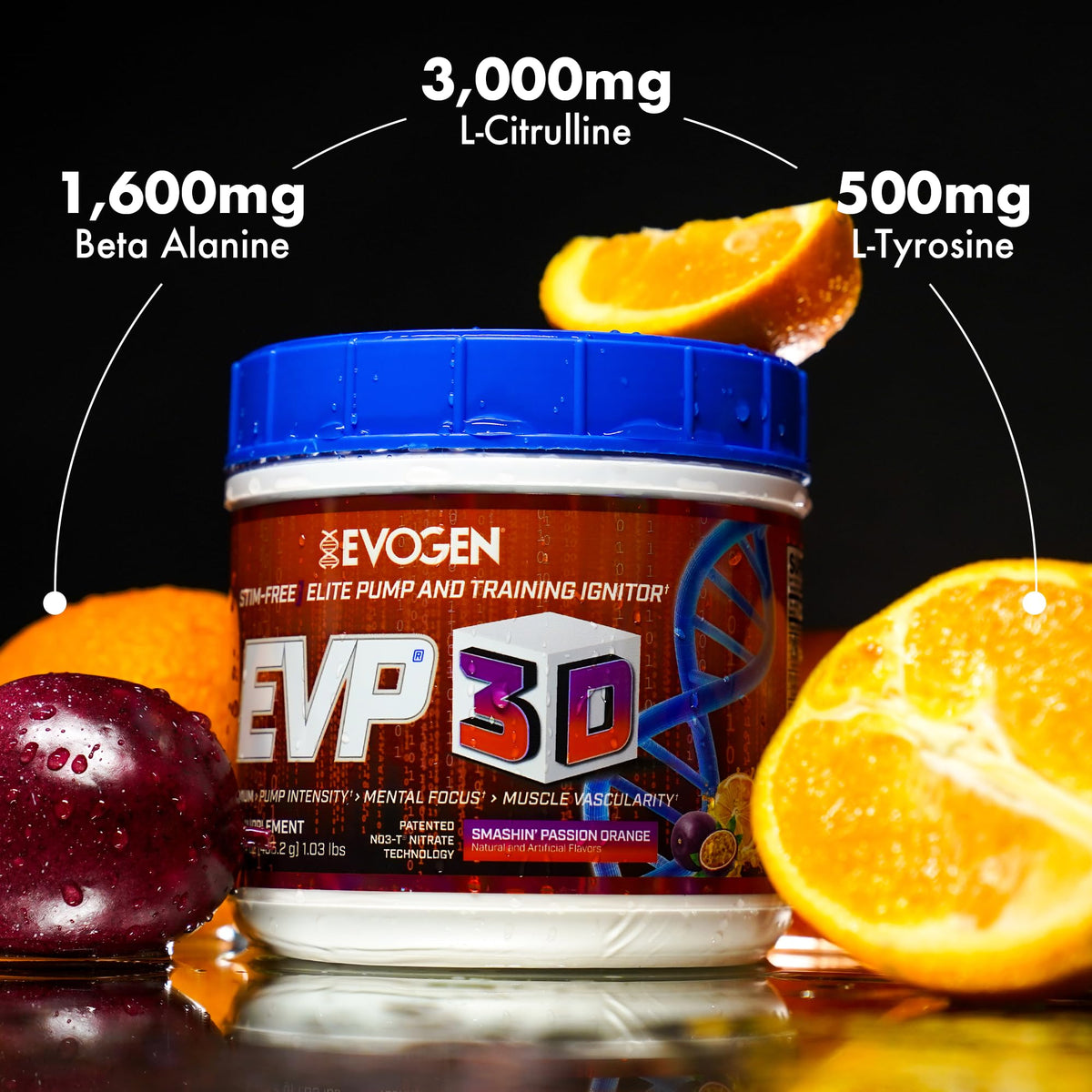 Evogen EVP 3D Stim Free Pre-Workout | Citrus Candy | 40 Servings | Arginine nitrate, L-citrulline, beta-alanine and creatine with lion's mane, L-tyrosine and DMAE for pumps and focus