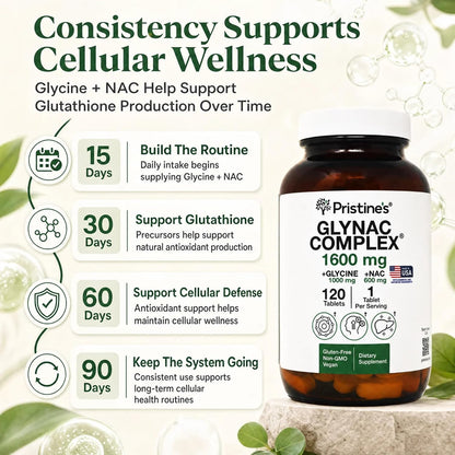 PRISTINE'S GlyNAC 1600mg Tablets, Glycine 1000mg + NAC 600mg, 120 Count | Glutathione support from glycine and NAC. Large scored tablets, 120 count, vegan, non-GMO, gluten-free, glass bottle