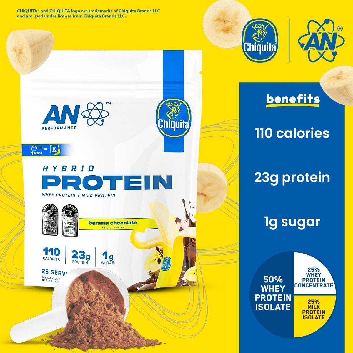 AN Performance Whey Protein Powder | Chiquita Banana Peanut Butter | 23g Protein, 1g Sugar, 100% Whey | Gluten-Free, Low Carb, Low Fat | Keto Friendly | Essential Amino Acids for Muscles | 25 Servings