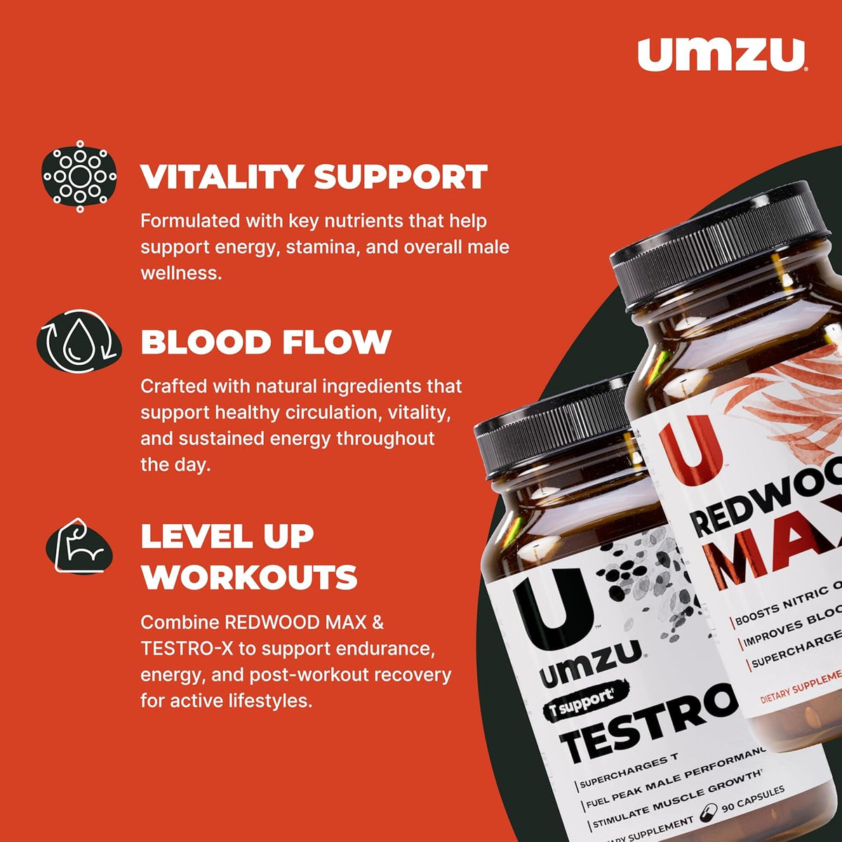 UMZU Redwood Max & Testro-X Performance Support Bundle | Nitric Oxide Circulation Formula + Men’s Daily Vitality Complex | Supports Blood Flow, Energy, Focus, Recovery & Active Lifestyle Routine