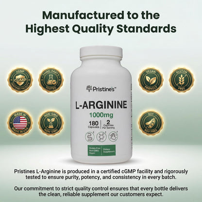 PRISTINE'S L-Arginine 1000mg Capsules, Nitric Oxide Blood Flow Support | Pre-workout amino acid support for blood flow and nitric oxide production. 90 day supply, vegan, non-GMO, gluten-free