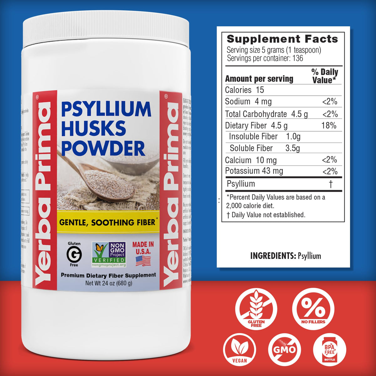 Yerba Prima Psyllium Husk Powder - 24 oz - Fine Ground, Unflavored, Sugar Free - Natural Fiber Supplement - Also for Baking - Contains Both Soluble & Insoluble Bulk for Regularity Support