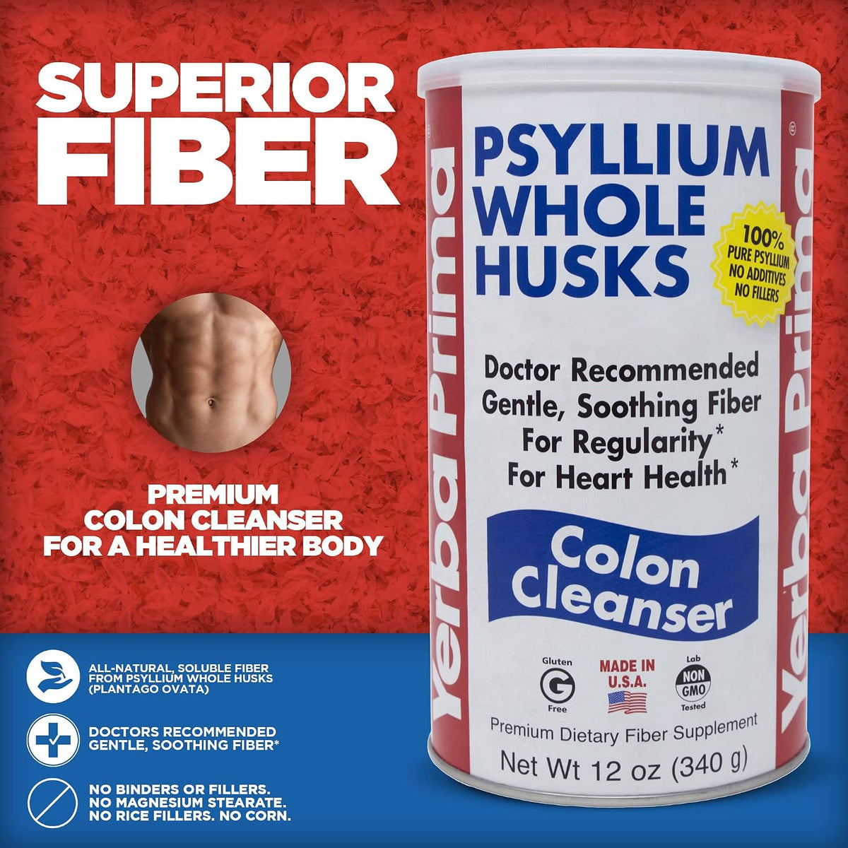 Yerba Prima Psyllium Husk, 12 Ounce - Whole Husk Fiber Supplement, Vegan, No Sugar or Artificial Sweeteners, Non GMO, Gluten Free