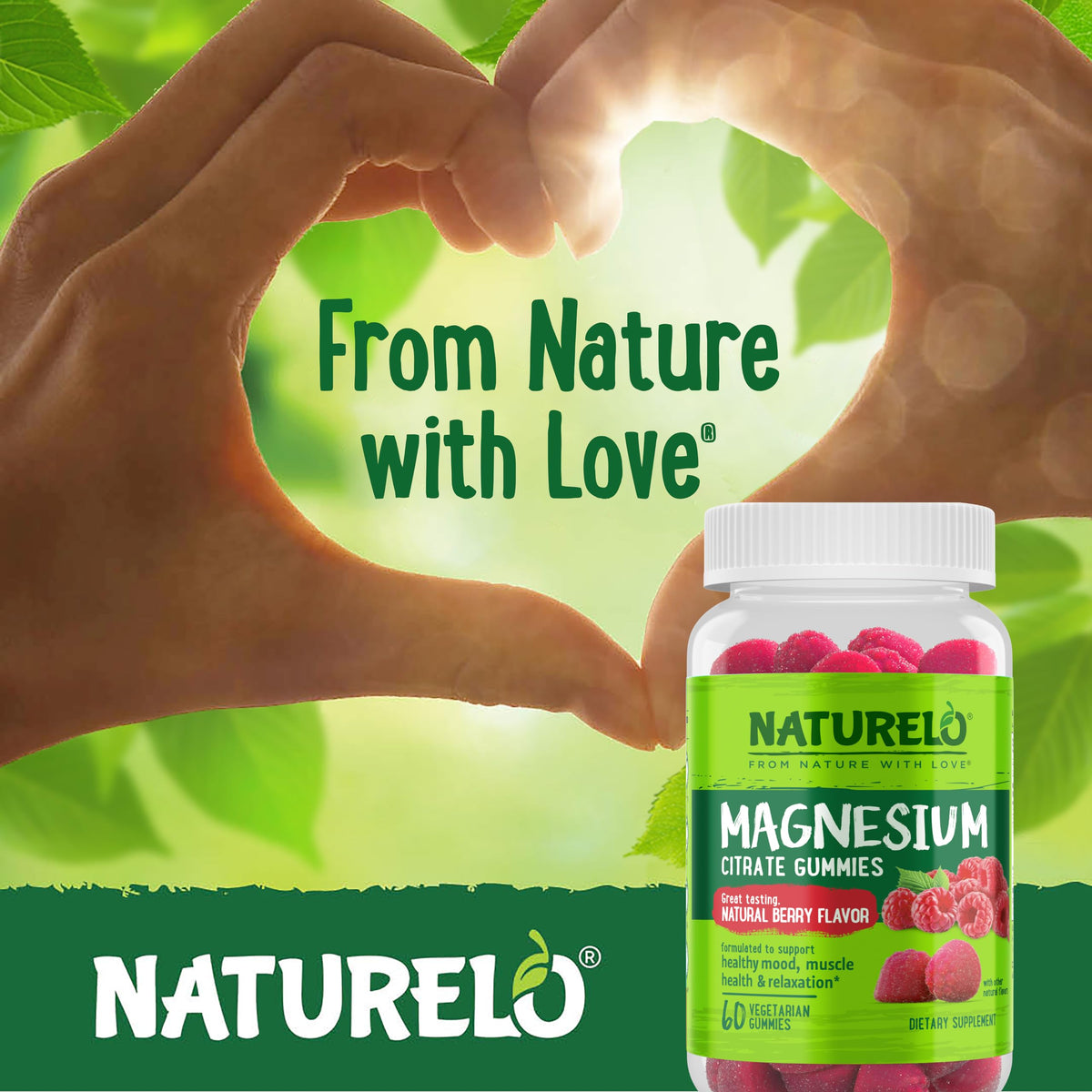 NATURELO Magnesium Citrate Gummies - for Calm & Relaxation Support, Natural Berry Magnesium Gummies, 60 Vegetarian Gummies
