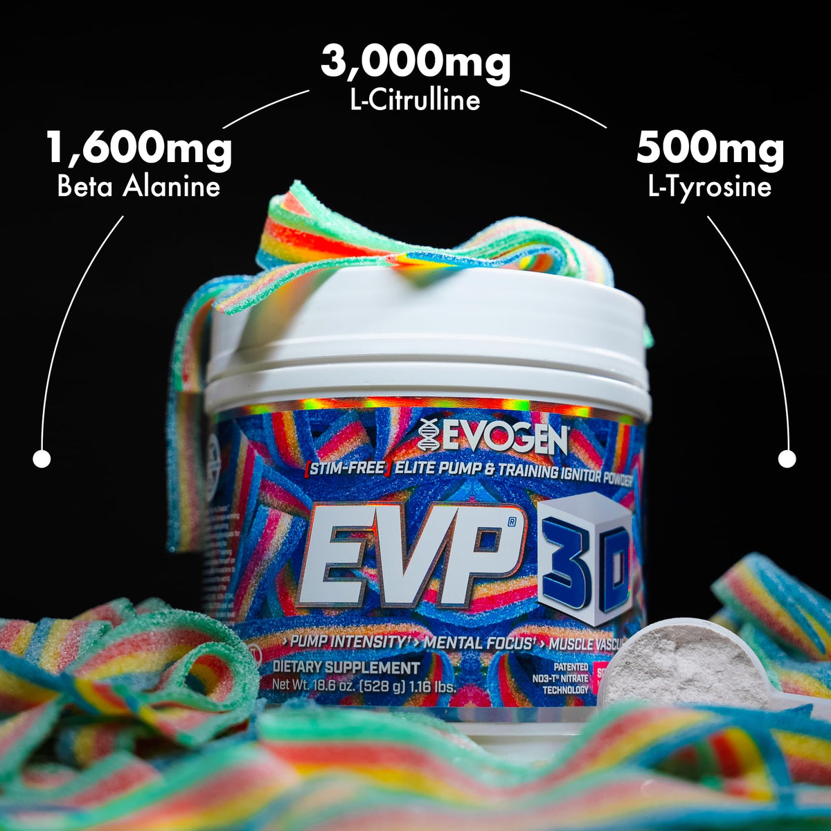 Evogen EVP 3D Stim Free Pre-Workout | Citrus Candy | 40 Servings | Arginine nitrate, L-citrulline, beta-alanine and creatine with lion's mane, L-tyrosine and DMAE for pumps and focus