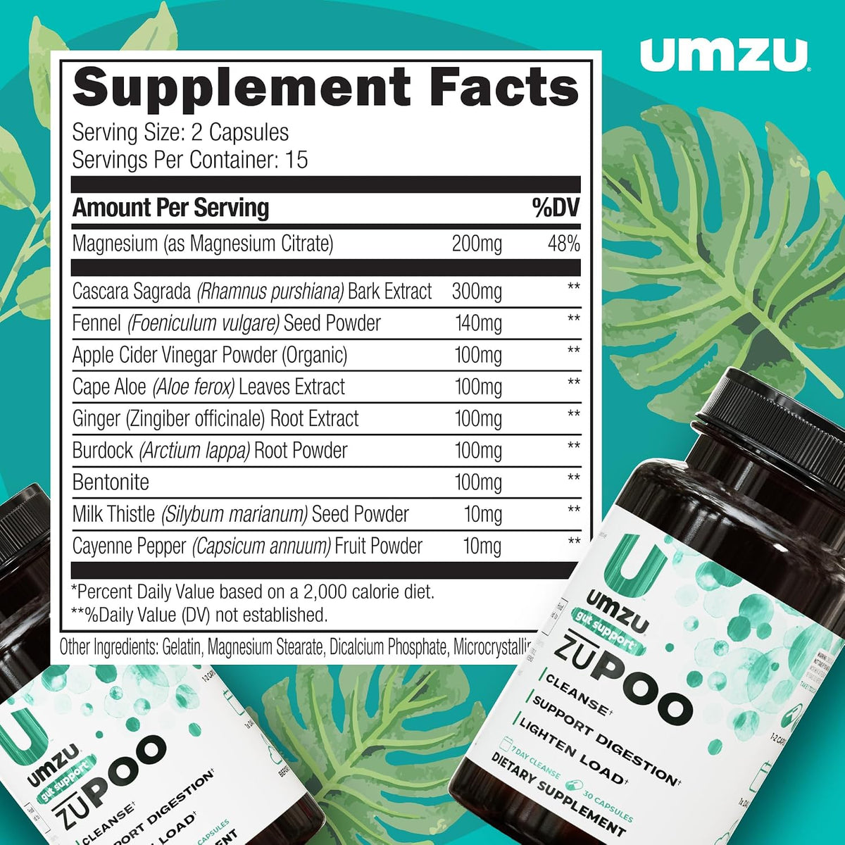 UMZU zuPOO Colon Cleanse Capsules, 30 Capsules | 7-Day Gut Cleanse Support, Cascara Sagrada, Magnesium Citrate, Natural Elimination, Digestive Balance, Vegan, Non-GMO