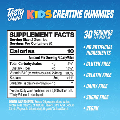 TASTY GAINS Kids & Teen Creatine Gummies with Vitamin B12 for Advanced Growth Support, Youth Sports Performance & Cellular Muscle Hydration Chewables, Ages 5+ (Strawberry, 60 Count)