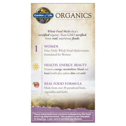 Garden of Life Organics Multivitamin for Women - Women's Once Daily Multi - Whole Food Multi with Iron, Biotin, Vegan Organic Womens Multivitamin for Health, Energy Hair Skin and Nails, 60 Tablets | Women's Once Daily, Whole Food Multi with Iron, Biotin,