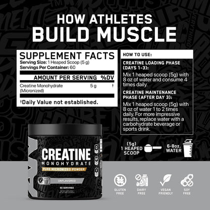 All Black Everything Creatine Monohydrate | Support Muscles, Cognitive Function | Micronized Amino Acid Powder | Cellular Energy | Workout Supplement for Men & Women | Unflavored | 60 Servings