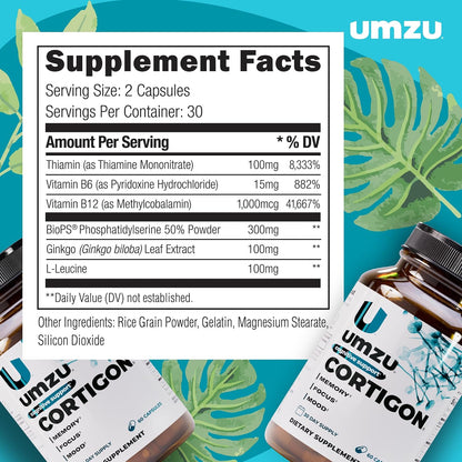 UMZU Cortigon Cortisol Support Supplement, 30 Day Supply | Ginkgo Biloba, Phosphatidylserine, Vitamins B6 and B12, Healthy Stress Response, Mood, Focus and Cognitive Support
