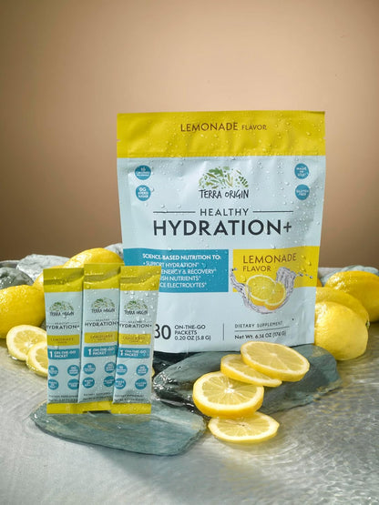 TERRA ORIGIN Healthy Hydration+ Electrolyte Powder Packets | Sugar Free, Gluten Free Drink Mix | Lemonade | 30 Servings (1-Pack)