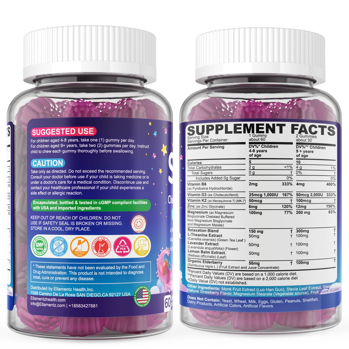 Kids Sleep Gummies, NO Melatonin Sleep Aid Gummies w/ Magnesium Glycinate, Magnesium Malate, L-Theanine, Lavender, B6, Zinc, D3K2 for Restful Sleep, Relax Brain & Muscle, Immune Support, Non-GMO 1Pack ELLAMENTZBuy Supplements Australia