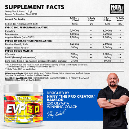 Evogen EVP 3D Stim Free Pre-Workout | Citrus Candy | 40 Servings | Arginine nitrate, L-citrulline, beta-alanine and creatine with lion's mane, L-tyrosine and DMAE for pumps and focus