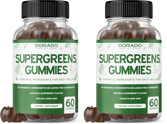 Two bottles of Dorado Naturals Supergreens Gummies on a white background