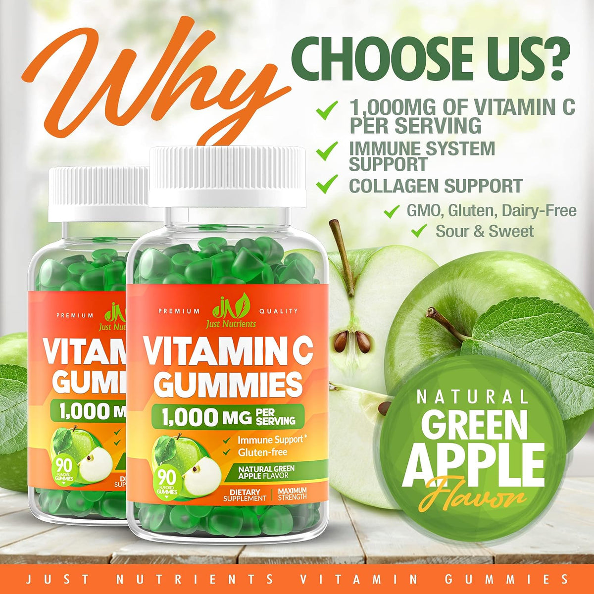 Vitamin C 1000mg Gummies for Adults & Kids, Maximum Strength (90 Count) | Chewable Immune & Collagen Support - Natural Green Apple Flavor - Gluten Free, Vegetarian, Non-GMO