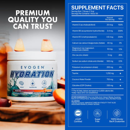 Evogen Hydration Sugar-Free Electrolytes | Lemon Lime | 30 Servings | Potassium, magnesium, sodium, calcium and coconut water with citicoline, taurine and B vitamins for energy and focus