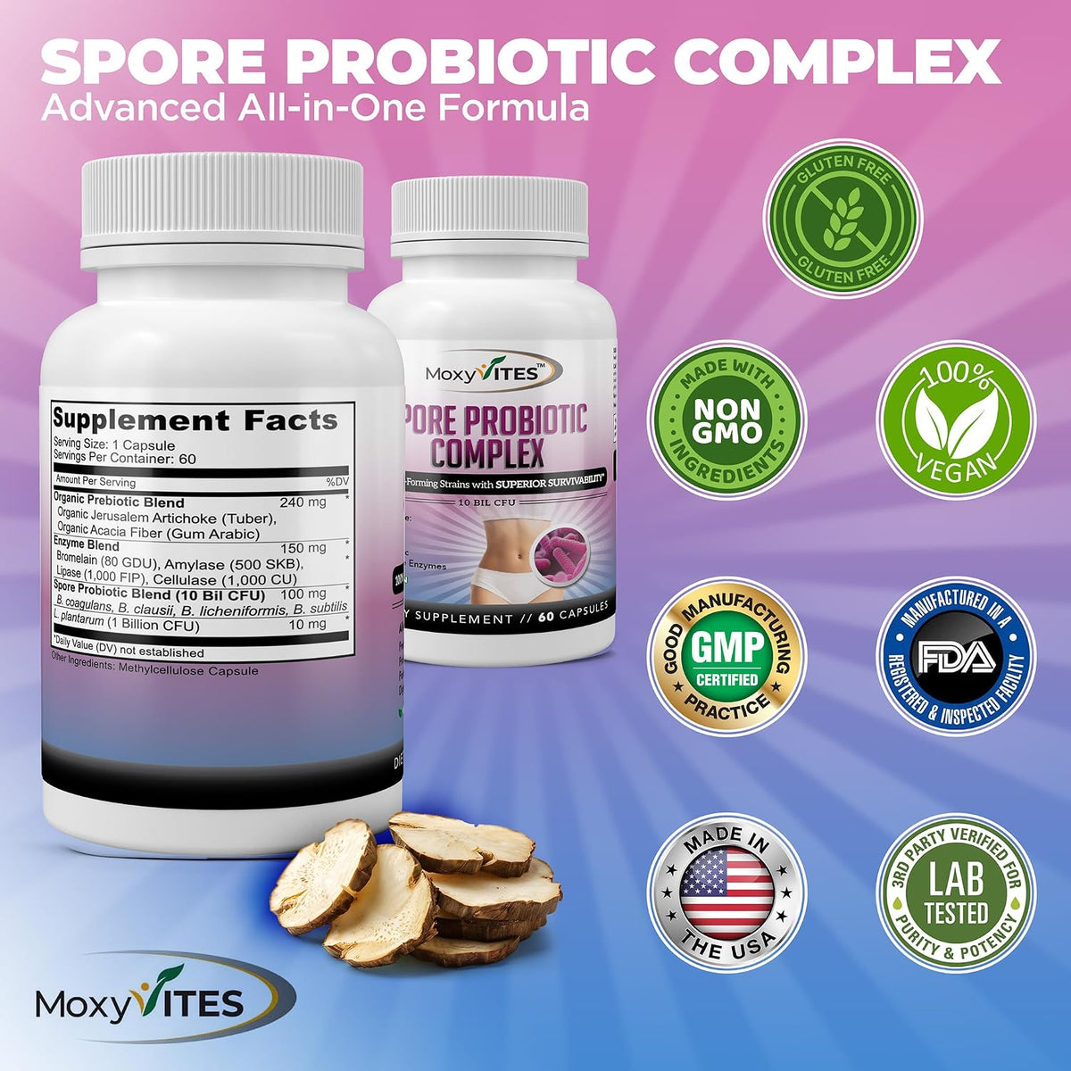 MoxyVites Spore Probiotic Complex - All In One Prebiotics and Probiotics for Digestive Health, Postbiotic, Digestive Enzymes Daily Supplement - Spore Based Probiotic for Women & Men