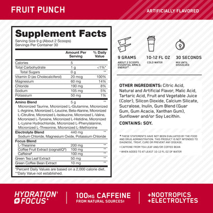 Optimum Nutrition, Amino Energy Powder Plus Focus, with Bcaa, Electrolytes, and Caffeine, Watermelon, 30 Servings | Contains BCAAs, Electrolytes, 100 mg Caffeine, 5g Amino Acids, Zero Sugar, Supports Hydration, Banned Substance Tested