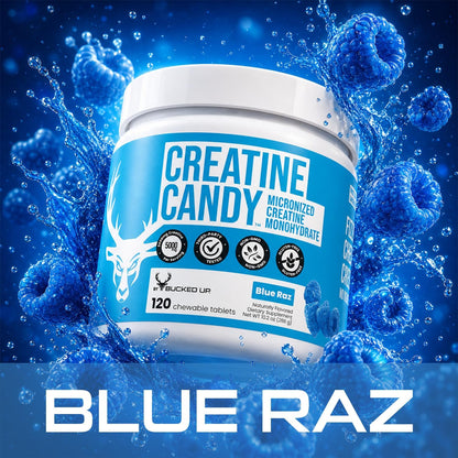 Bucked Up Creatine Candy Blue Raz | Micronized Creatine Monohydrate | 120 Chewable Tablets, 24 Servings | Fizzy Creatine No Water Needed | Non GMO Gluten Free Third Party Tested
