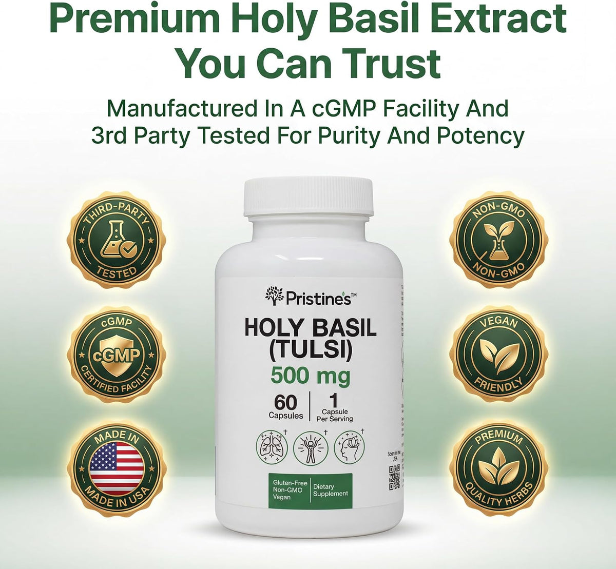 PRISTINE'S Holy Basil Tulsi 500mg Adaptogen Capsules, Vegan, 60 Day Supply | Calm and relaxation support in a simple Tulsi (holy basil) capsule routine. 60 day supply, vegan, non-GMO, gluten-free
