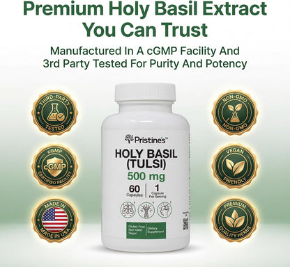 PRISTINE'S Holy Basil Tulsi 500mg Adaptogen Capsules, Vegan, 60 Day Supply | Calm and relaxation support in a simple Tulsi (holy basil) capsule routine. 60 day supply, vegan, non-GMO, gluten-free