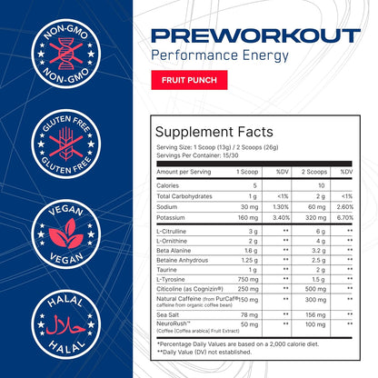 AN Performance Pre-Workout Powder Supplement for Men & Women | Energy Drink Mix with 300mg Caffeine + Beta Alanine + Citrulline | Third-Party Tested | Fruit Punch | 30 Servings