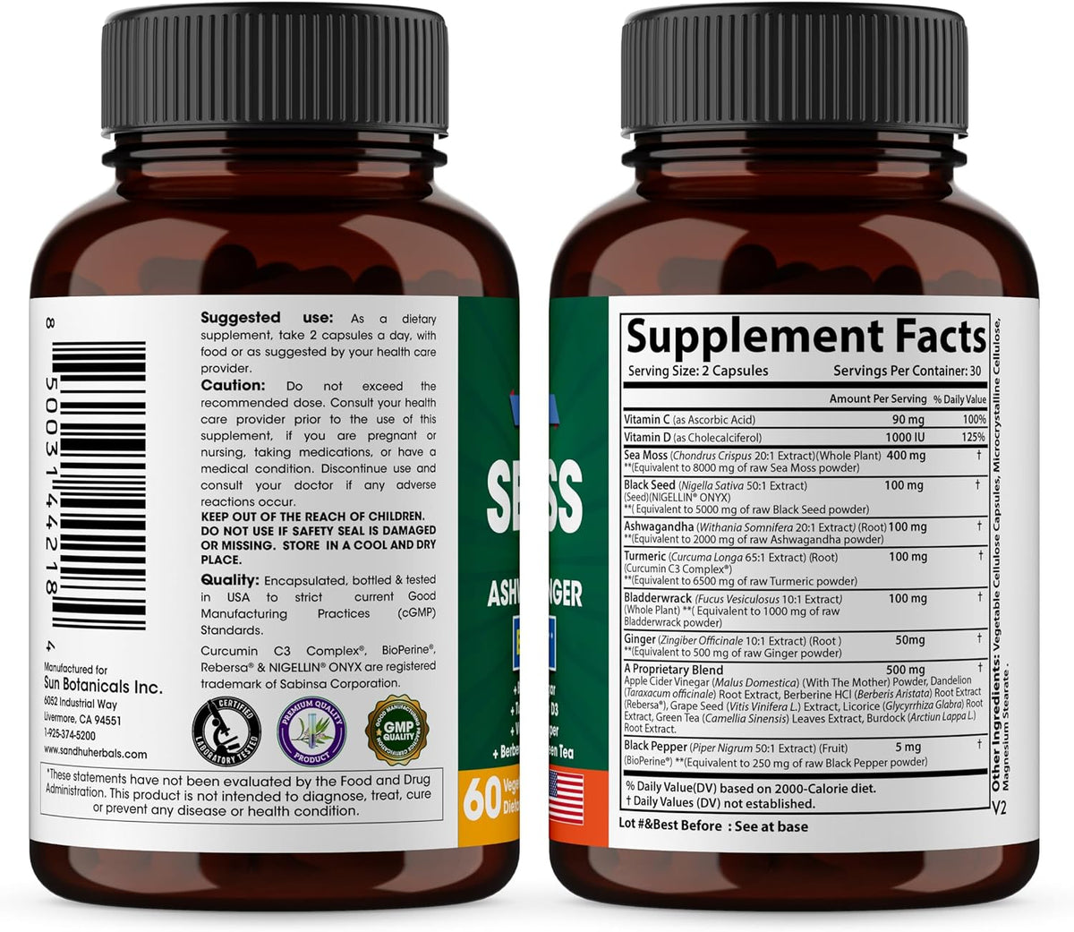 Sandhu Herbals Seamoss & Turmeric Curcumin with Bioperine Capsules | Supports Immune, Digestive, Cognitive, Skin & Hair Health