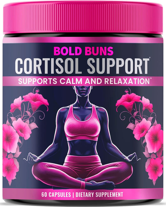 Bold Buns Cortisol Supplements for Women - Cortisol Support Stress & Mood Balance Supplement with Sensoril® Ashwagandha, Magnolia Bark, L-Theanine - Supports Calm, Focus & Sleep (60 Vegan Capsules)