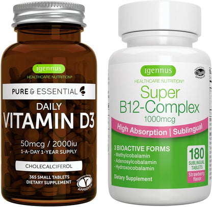 Daily Vitamin D3 + Super B12-Complex, Vegetarian Bundle, 365 2000iu Vitamin D3 Tablets + High Absorption Sublingual B12, by Igennus
