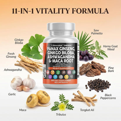 Clean Nutraceuticals Panax Ginseng Ginkgo Biloba Ashwagandha Maca Root - Focus Supplement Pills for Women and Men with Pine Bark Extract, Garlic, and Saw Palmetto - 60 Caps