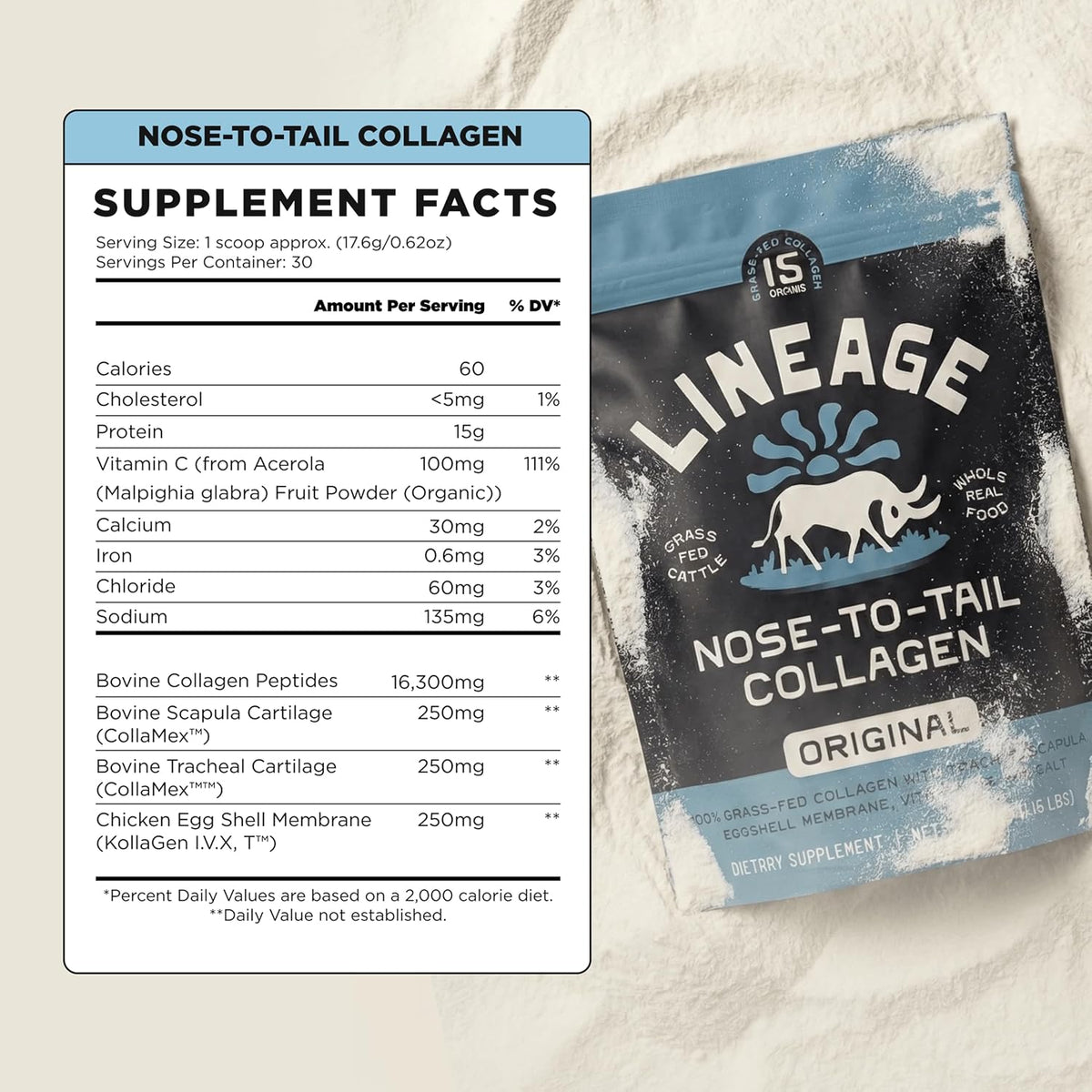 Lineage Provisions Grass Fed Collagen Powder, 30 Servings | Unflavored hydrolyzed bovine collagen peptides with trachea, scapula, eggshell membrane & vitamin C.