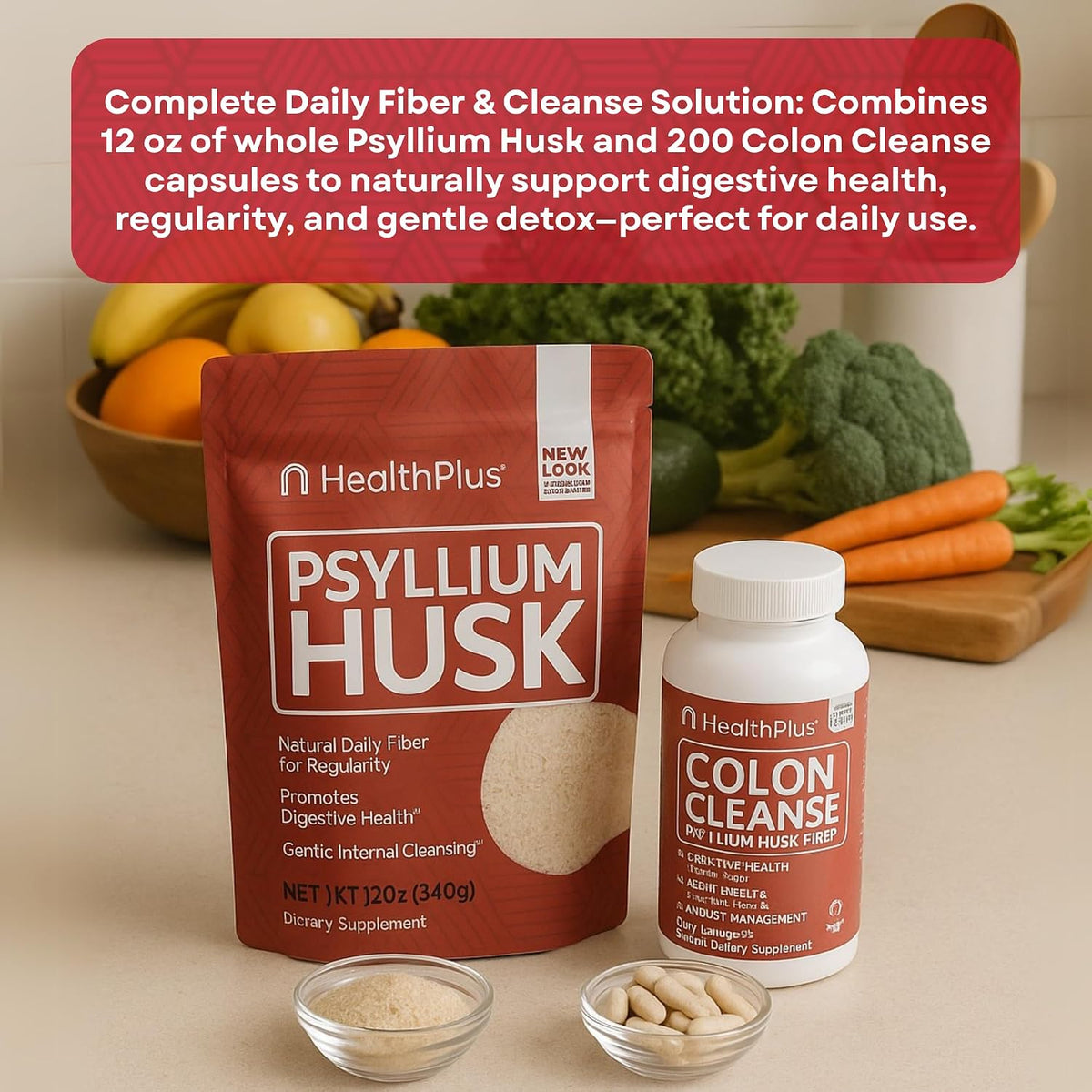 Health Plus Fiber & Cleanse Bundle – Psyllium Husk Powder & Colon Cleanse Capsules for Daily Detox, Constipation Relief, Gut Health & Heart Support – Natural Fiber Supplement Duo