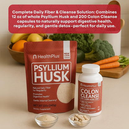Health Plus Fiber & Cleanse Bundle – Psyllium Husk Powder & Colon Cleanse Capsules for Daily Detox, Constipation Relief, Gut Health & Heart Support – Natural Fiber Supplement Duo
