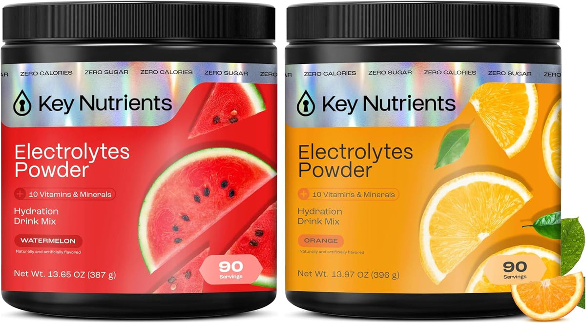 KEY NUTRIENTS Electrolytes Powder Bundle, Juicy Watermelon 90 Servings Jar + Tangy Orange 90 Servings Jar, Sugar Free Hydration Drink Mix with Vitamins & Minerals, No Calories