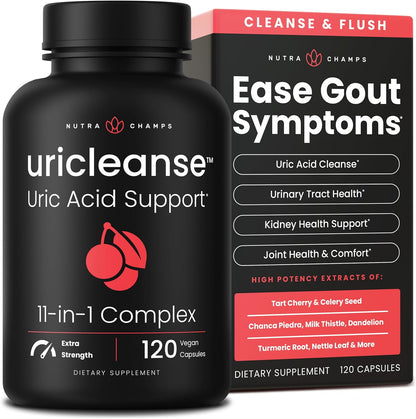 Uric Acid Cleanse & Gout Support – Tart Cherry, Celery Seed, Chanca Piedra, Milk Thistle & Turmeric for Kidney Detox, Joint Comfort & Uric Acid Balance – 11-in-1 Natural Formula - 120 Count