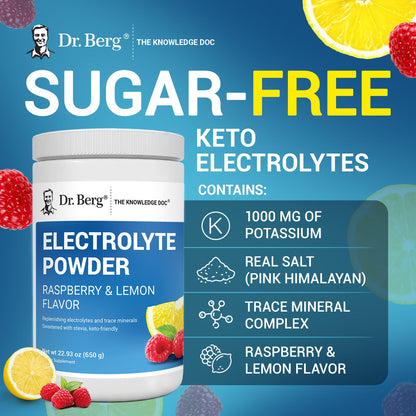 Dr. Berg Zero Sugar Hydration Keto Electrolyte Powder - Enhanced w/ 1000 mg of Potassium & Real Pink Himalayan Salt (NOT Table Salt) - Raspberry & Lemon Flavor Hydration Drink Supplement, 100 Servings