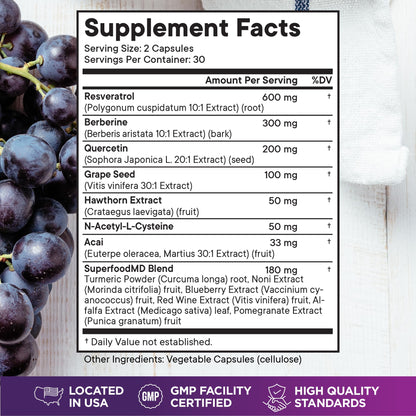 Resveratrol Berberine Grape Seed Extract Quercetin - Polyphenol Supplement with Noni Extract, N-Acetyl Cysteine, Acai Extract - Made in The USA - 120 Capsules