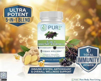 PURE® 5 in 1 Immune Formula - 120 Capsules - Black Elderberry 100 mg, Vitamin C 1000 mg, Vitamin D3 125 mcg (5000 IU), Zinc & Ginger Root - All-in-One Seasonal Defense Shield - Antioxidant Support USA