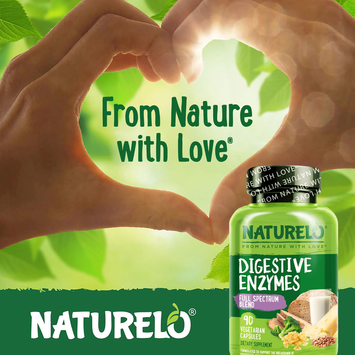 NATURELO Digestive Enzymes - Full Spectrum Support with a Broad Blend of 15 Enzymes Plus Ginger - 90 Vegan Capsules