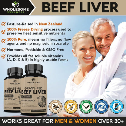 Wholesome Wellness Digestive Enzymes 1000MG Plus Prebiotics & Probiotics + Grass Fed Desiccated Beef Liver Capsules Bundle