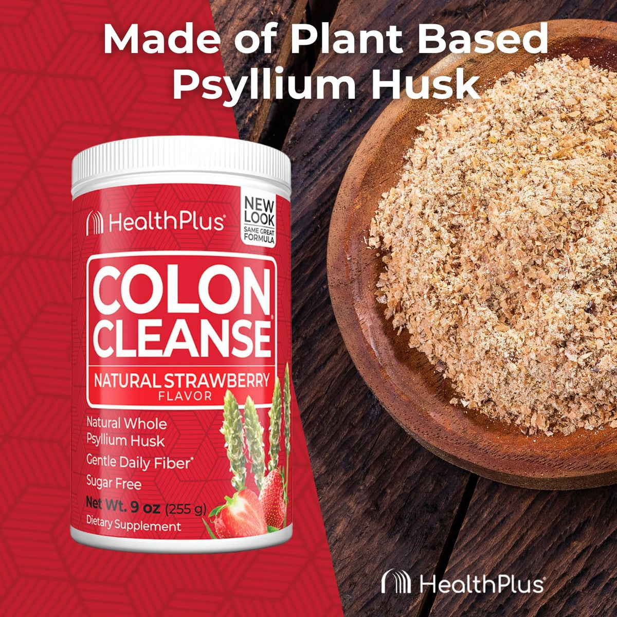 Health Plus Colon Cleanse Fiber Powder, Strawberry, 9 oz, 36 Servings | No artificial flavors; daily fiber with psyllium husk that supports natural detoxification and regularity