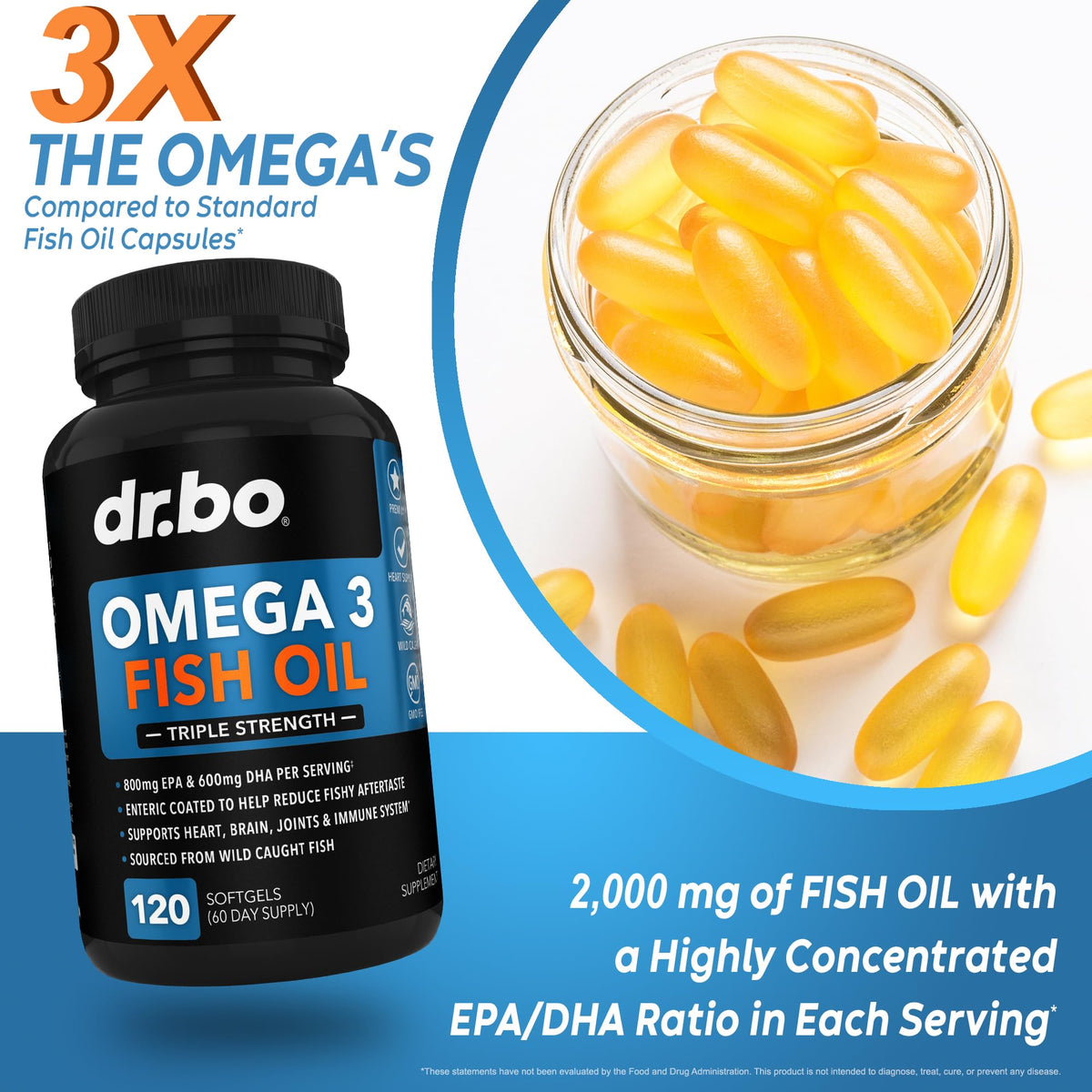 Omega 3 Fish Oil Supplements - Triple Strength Fish Oil Omega 3 Supplements 2000mg EPA DHA Women Men - Triple Strength Natural Omega3 Supplement 2000mg EPA DHA Fatty Acids 1000mg Burpless 60 Softgels