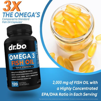 Omega 3 Fish Oil Supplements - Triple Strength Fish Oil Omega 3 Supplements 2000mg EPA DHA Women Men - Triple Strength Natural Omega3 Supplement 2000mg EPA DHA Fatty Acids 1000mg Burpless 60 Softgels