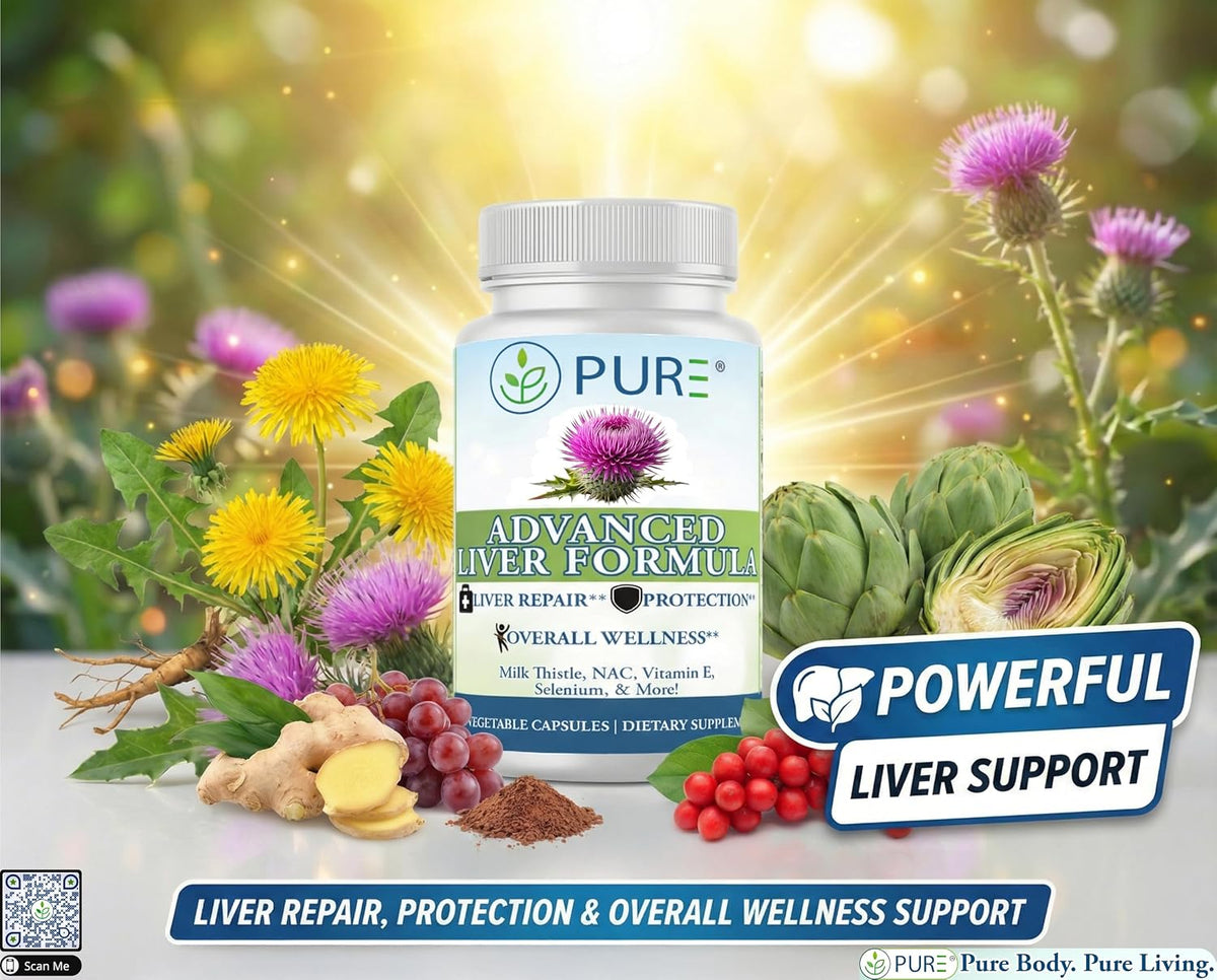 PURE® Advanced Liver Formula - 60 Vegetable Capsules, 30 Servings - High Potency Milk Thistle & NAC Detox Supplement - Liver Repair & Protection with Selenium, Zinc & Artichoke - Made in USA