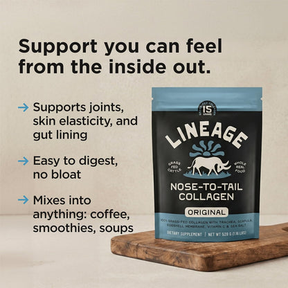 Lineage Provisions Grass Fed Collagen Powder, 30 Servings | Unflavored hydrolyzed bovine collagen peptides with trachea, scapula, eggshell membrane & vitamin C.