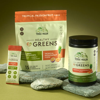 TERRA ORIGIN Greens Superfood Powder | Green Juice Powder with Probiotics & Enzymes | Plant Based Super Greens for Energy, Gut & Immune Support | Vegan, Non-GMO | 30 Servings Tropical Passionfruit