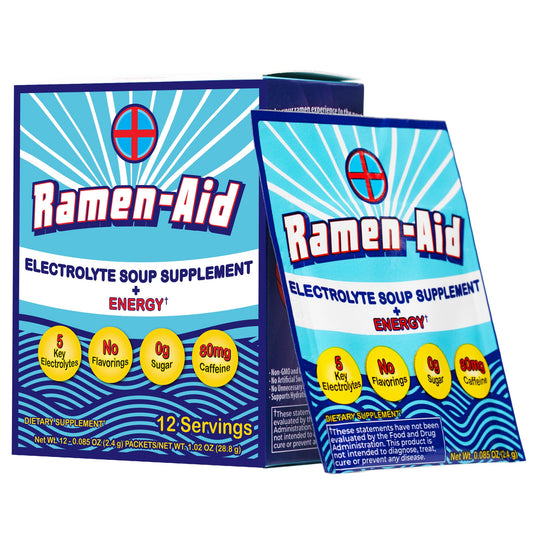 Two packages of Ramen-Aid electrolyte soup supplement on a white background