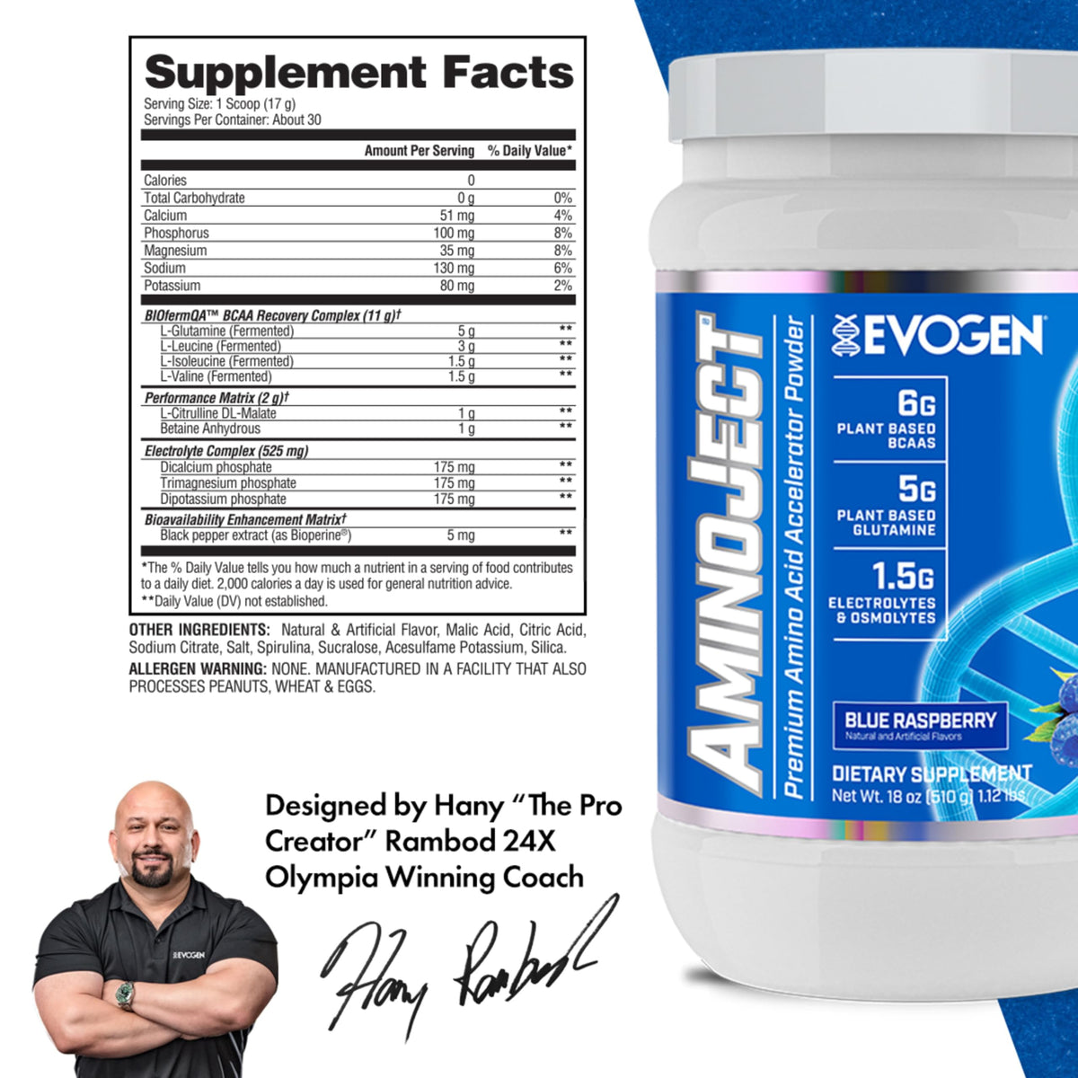 Evogen AminoJect Recovery Formula | Watermelon | 30 Servings | 6g fermented plant-based BCAAs, 5g glutamine, electrolytes, betaine and L-citrulline for hydration and endurance