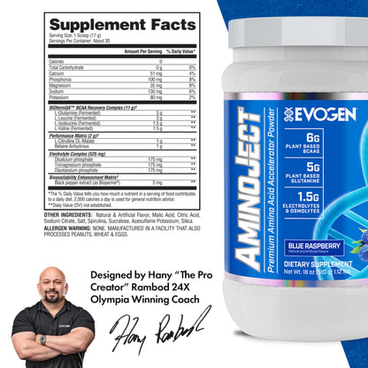 Evogen AminoJect Recovery Formula | Watermelon | 30 Servings | 6g fermented plant-based BCAAs, 5g glutamine, electrolytes, betaine and L-citrulline for hydration and endurance