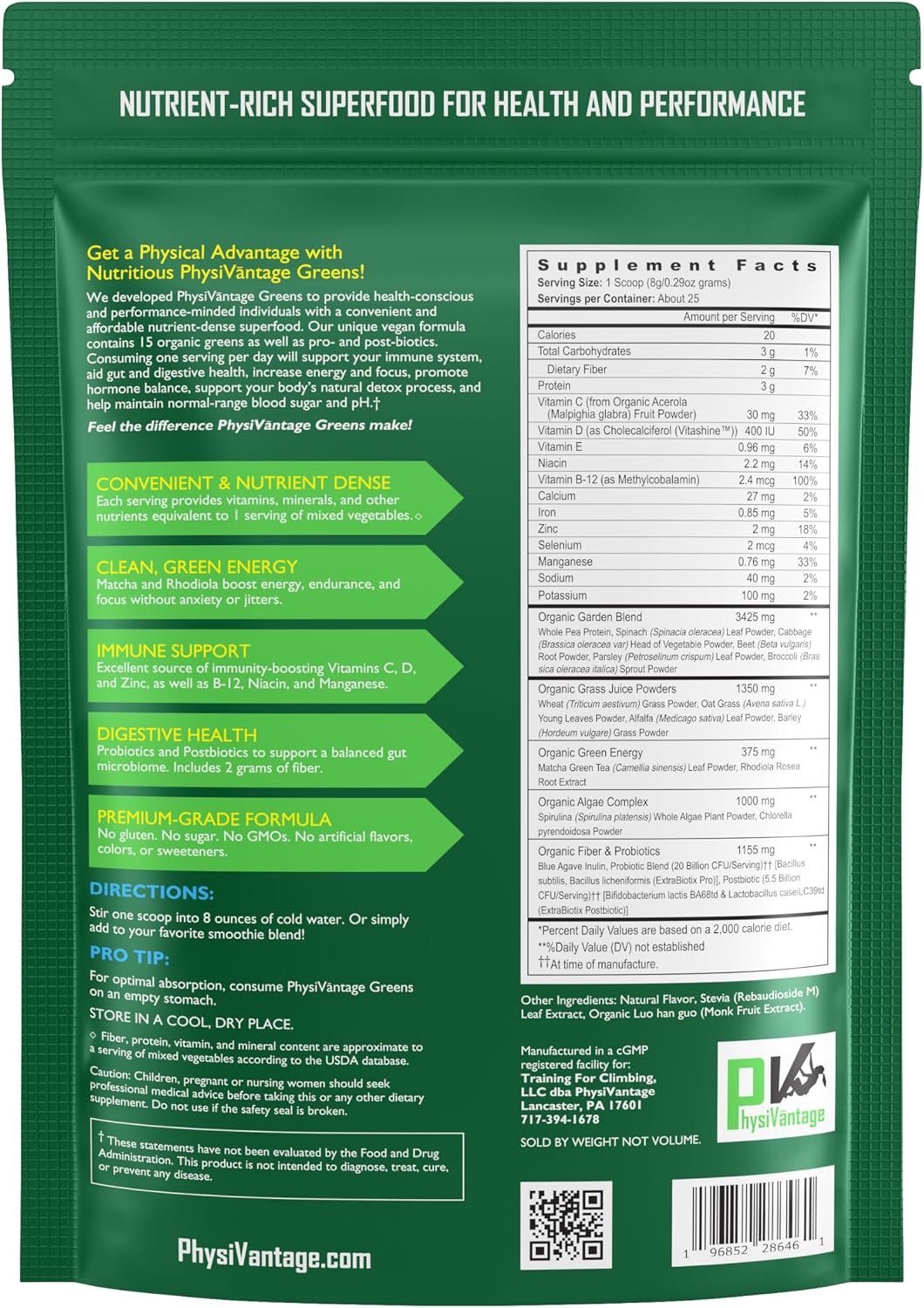 PhysiVantage - Organic Greens Powder - Helps Support Energy, Immunity, & Digestive Health - Prebiotics, Probiotics, Post-biotics - Natural Detox - Vegan - 25 Servings
